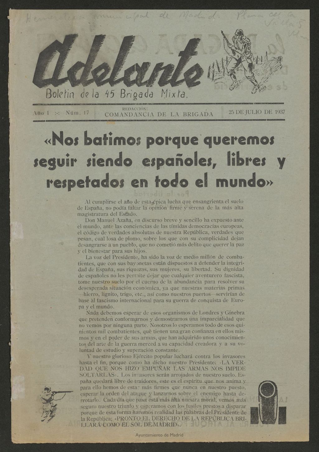 Miniatura de Adelante: órgano de la 45 Brigada Mixta del 25 de julio de 1937