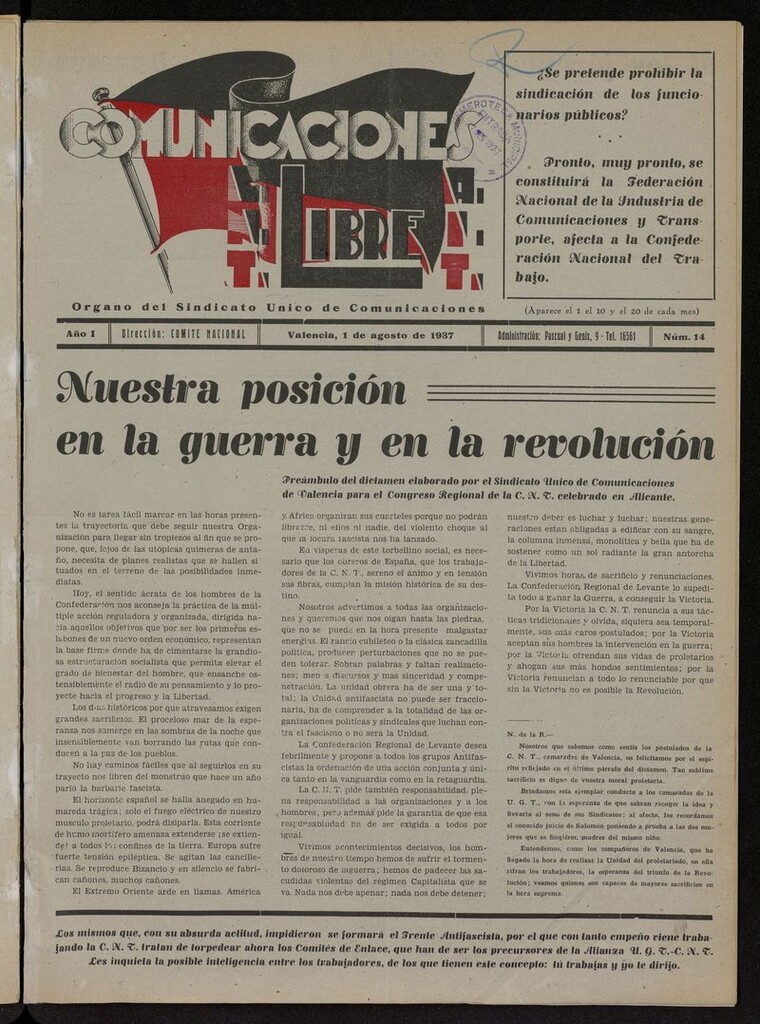 Miniatura de Comunicaciones Libre del 1 de agosto de 1937