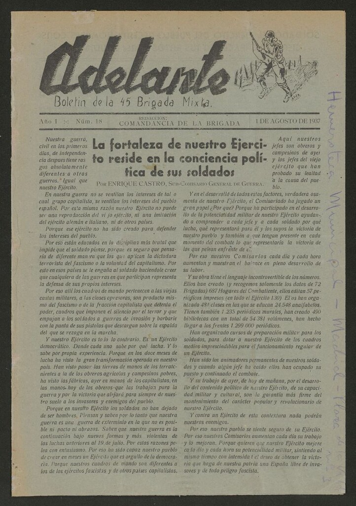Miniatura de Adelante: órgano de la 45 Brigada Mixta del 1 de agosto de 1937