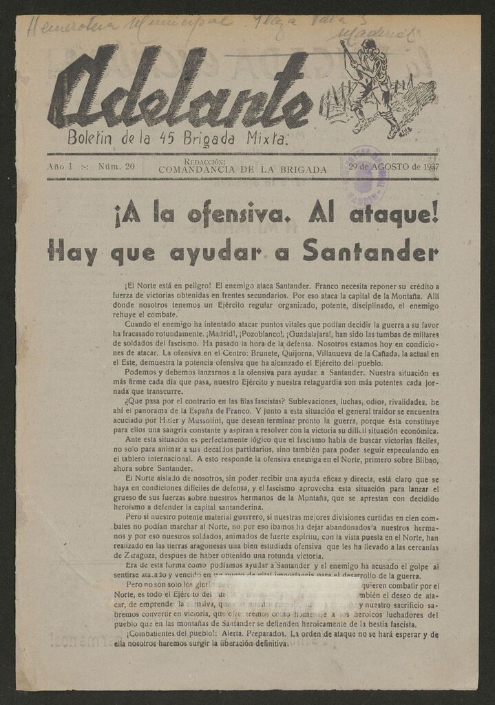 Miniatura de Adelante: órgano de la 45 Brigada Mixta del 29 de agosto de 1937