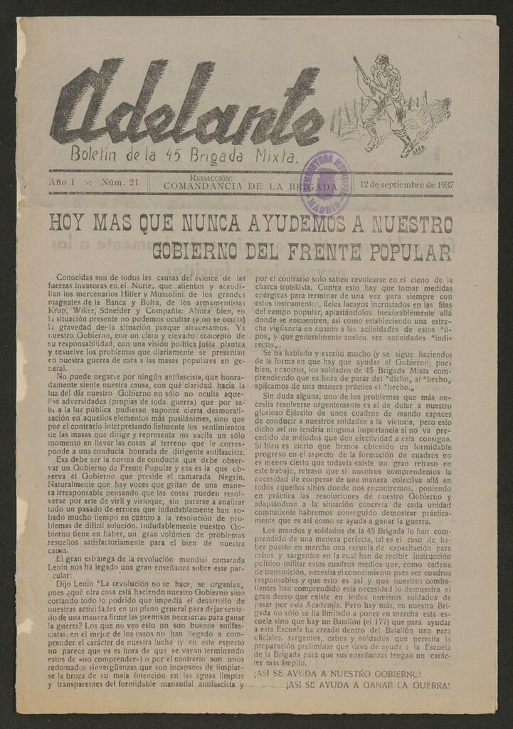 Miniatura de Adelante: órgano de la 45 Brigada Mixta del 12 de septiembre de 1937