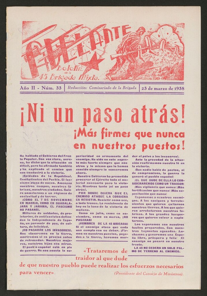 Miniatura de Adelante: órgano de la 45 Brigada Mixta del 23 de marzo de 1938