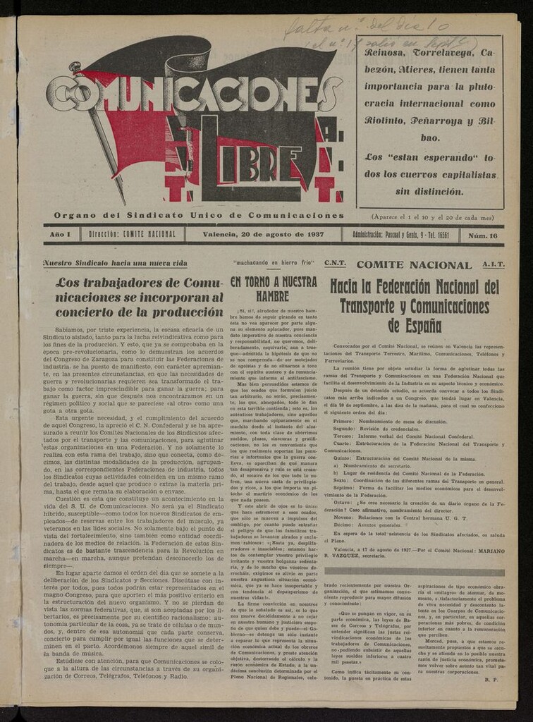 Miniatura de Comunicaciones Libre del 20 de agosto de 1937