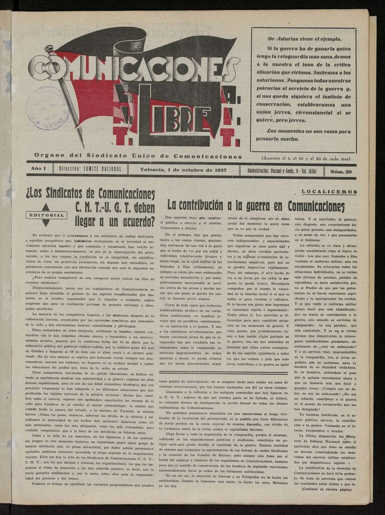 Miniatura de Comunicaciones Libre del 1 de octubre de 1937