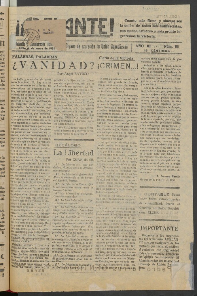 Miniatura de ¡Adelante! del 6 de marzo de 1938