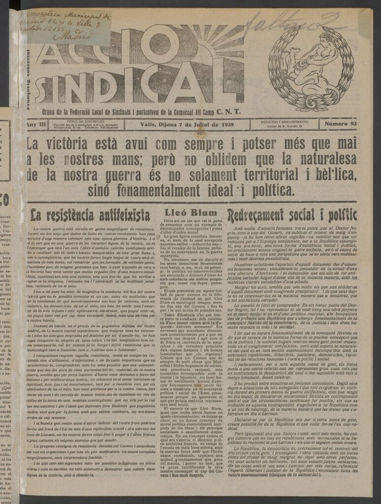 Miniatura de Acció Sindical del 7 de juliol de 1938