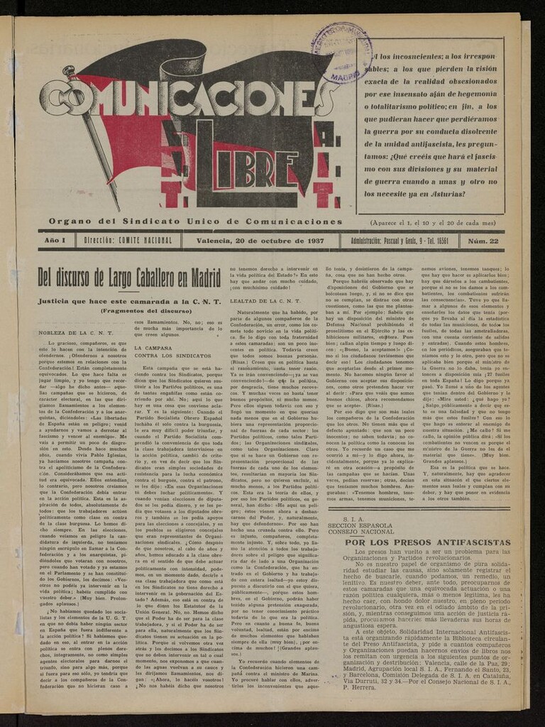 Miniatura de Comunicaciones Libre del 20 de octubre de 1937