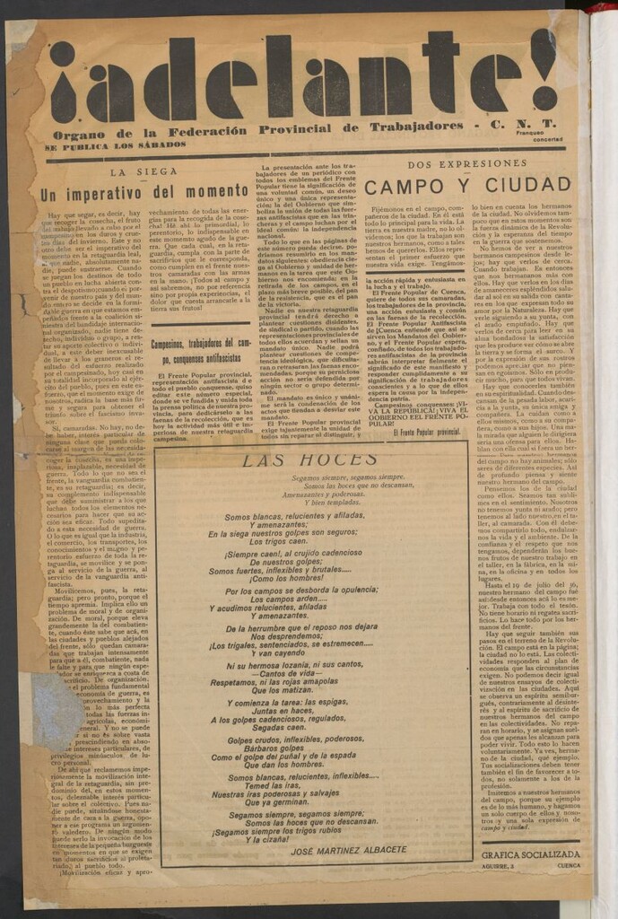 Miniatura de ¡Adelante! : Organo de la Federación Provincial de Trabajadores del 8 de julio de 1938