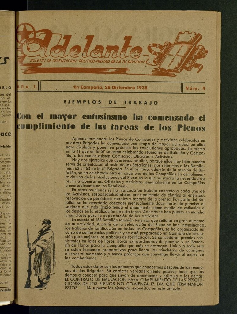 Miniatura de Adelante : Boletín de Orientación Político Militar de la IV División del 28 de diciembre de 1938