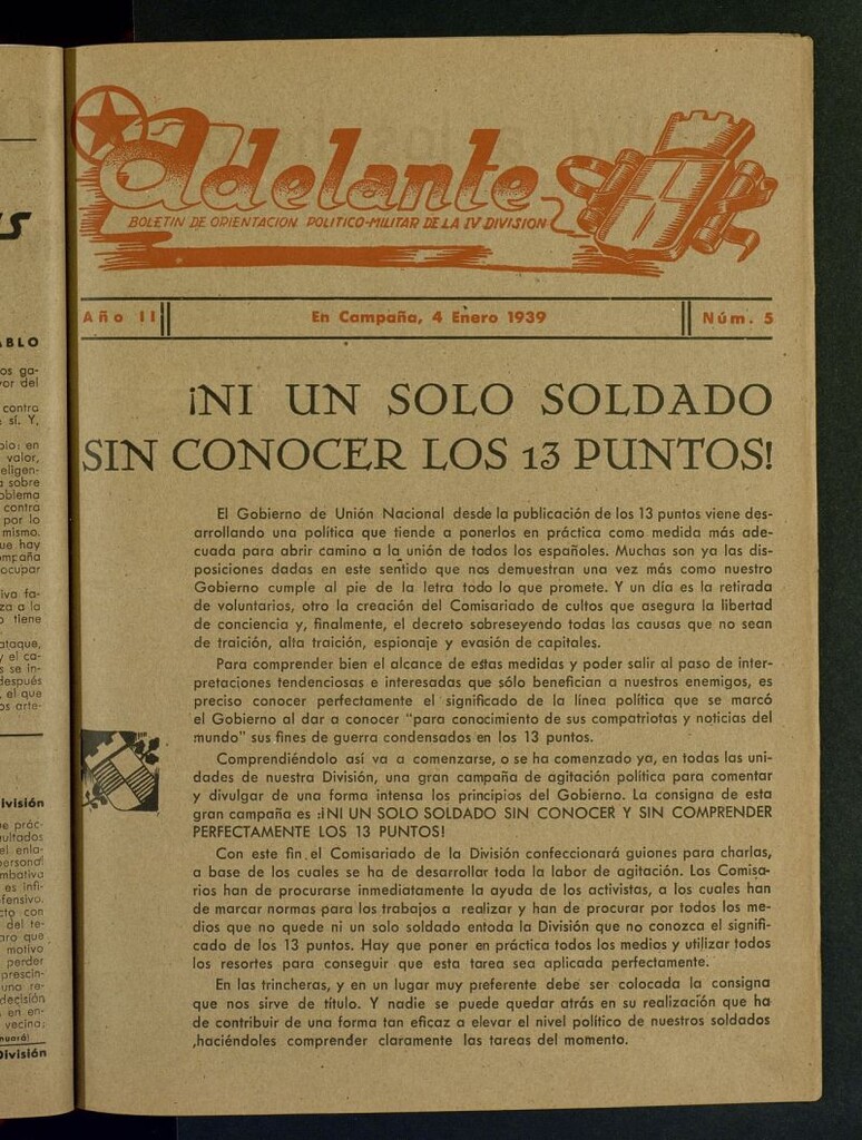 Miniatura de Adelante : Boletín de Orientación Político Militar de la IV División del 4 de enero de 1939