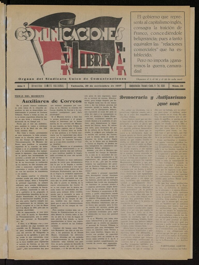 Miniatura de Comunicaciones Libre del 20 de noviembre de 1937