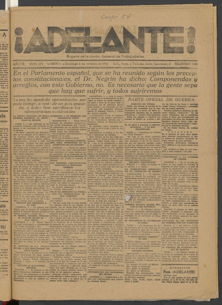 Miniatura de Adelante : órgano de la Unión General de Trabajadores del 2 de octubre de 1938