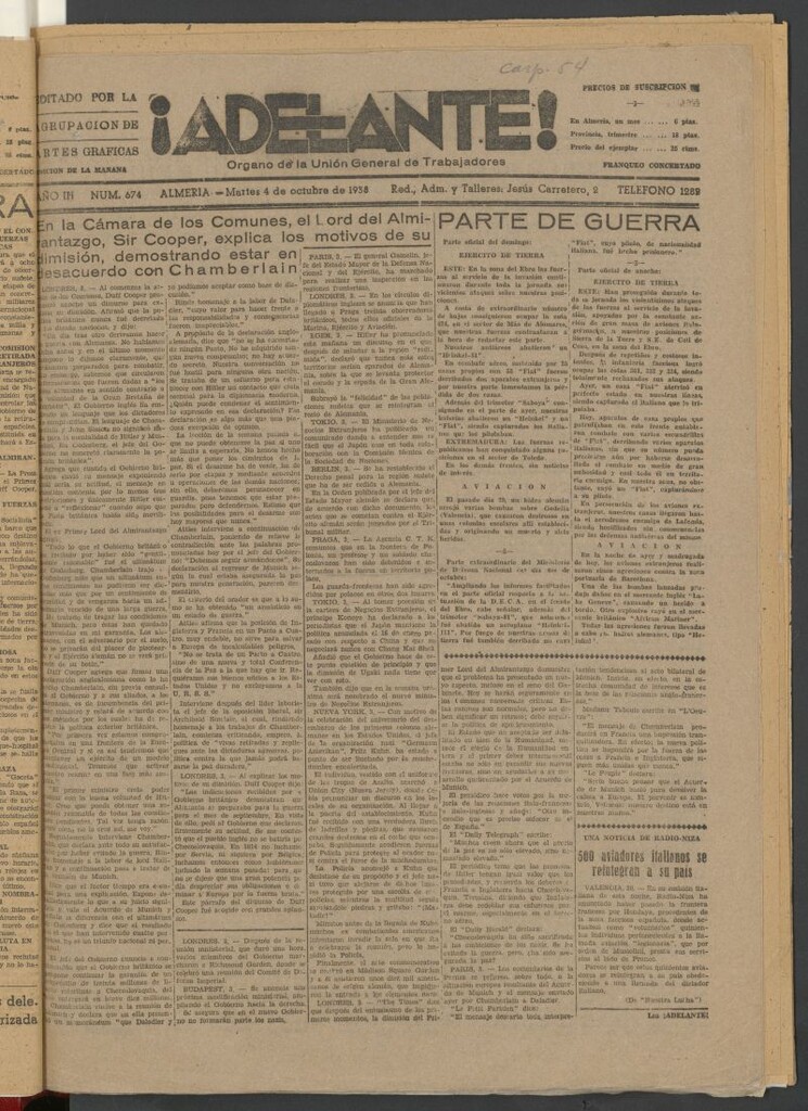 Miniatura de Adelante : órgano de la Unión General de Trabajadores del 4 de octubre de 1938