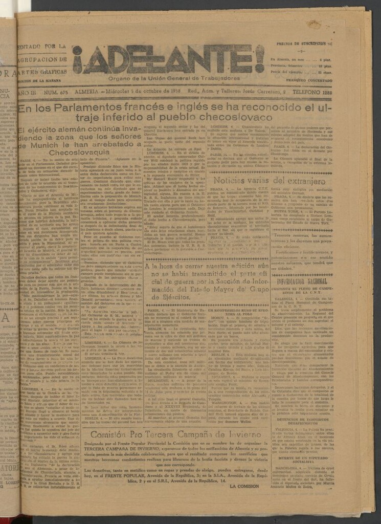 Miniatura de Adelante : órgano de la Unión General de Trabajadores del 5 de octubre de 1938