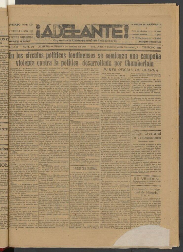 Miniatura de Adelante : órgano de la Unión General de Trabajadores del 8 de octubre de 1938