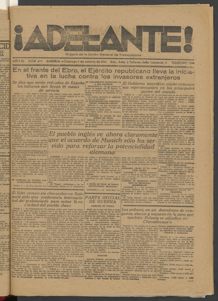 Miniatura de Adelante : órgano de la Unión General de Trabajadores del 9 de octubre de 1938