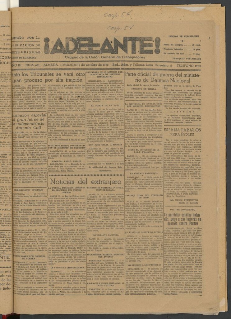 Miniatura de Adelante : órgano de la Unión General de Trabajadores del 12 de octubre de 1938