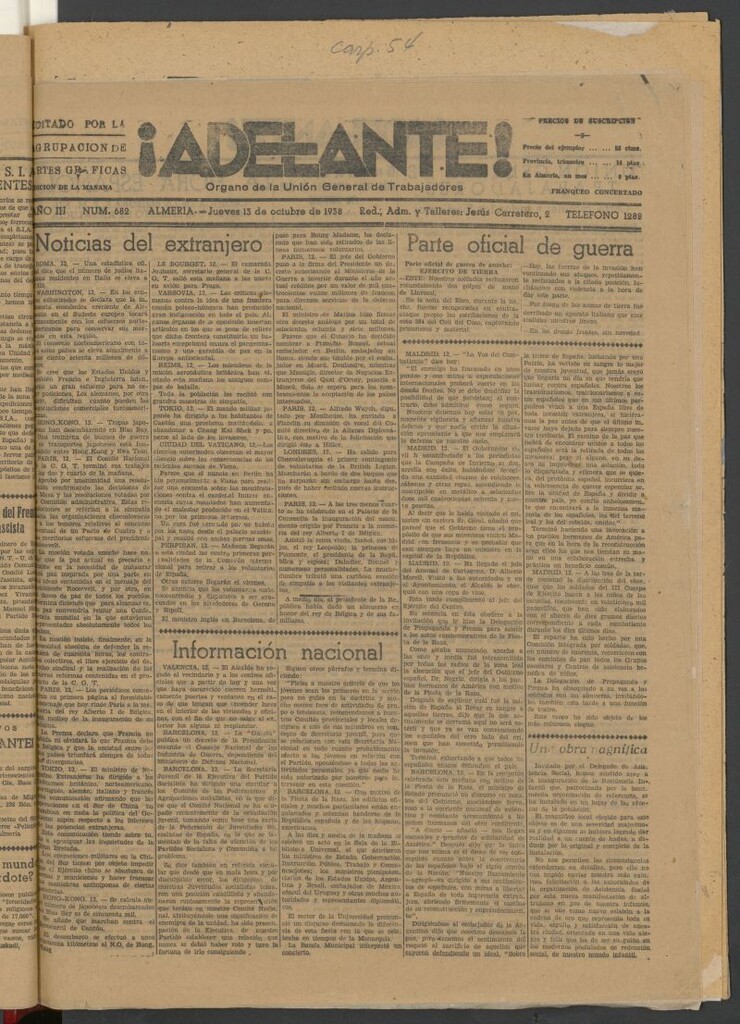 Miniatura de Adelante : órgano de la Unión General de Trabajadores del 13 de octubre de 1938