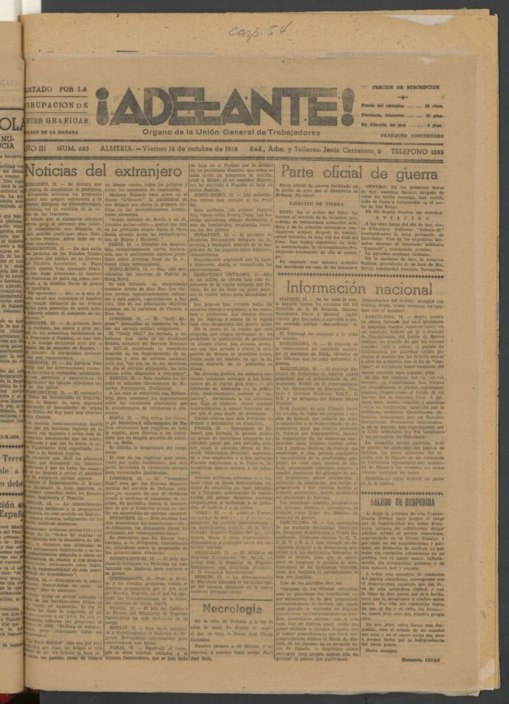 Miniatura de Adelante : órgano de la Unión General de Trabajadores del 14 de octubre de 1938