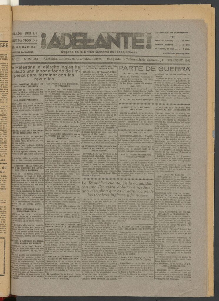 Miniatura de Adelante : órgano de la Unión General de Trabajadores del 20 de octubre de 1938