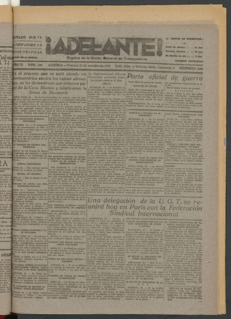 Miniatura de Adelante : órgano de la Unión General de Trabajadores del 21 de octubre de 1938