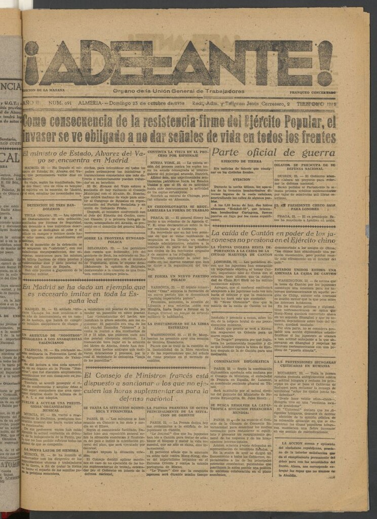 Miniatura de Adelante : órgano de la Unión General de Trabajadores del 23 de octubre de 1938