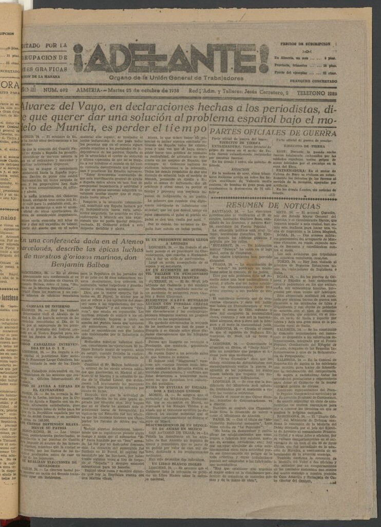 Miniatura de Adelante : órgano de la Unión General de Trabajadores del 25 de octubre de 1938