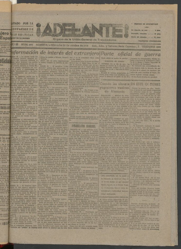 Miniatura de Adelante : órgano de la Unión General de Trabajadores del 26 de octubre de 1938
