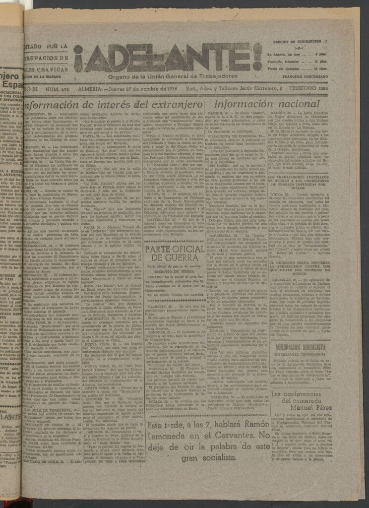 Miniatura de Adelante : órgano de la Unión General de Trabajadores del 27 de octubre de 1938
