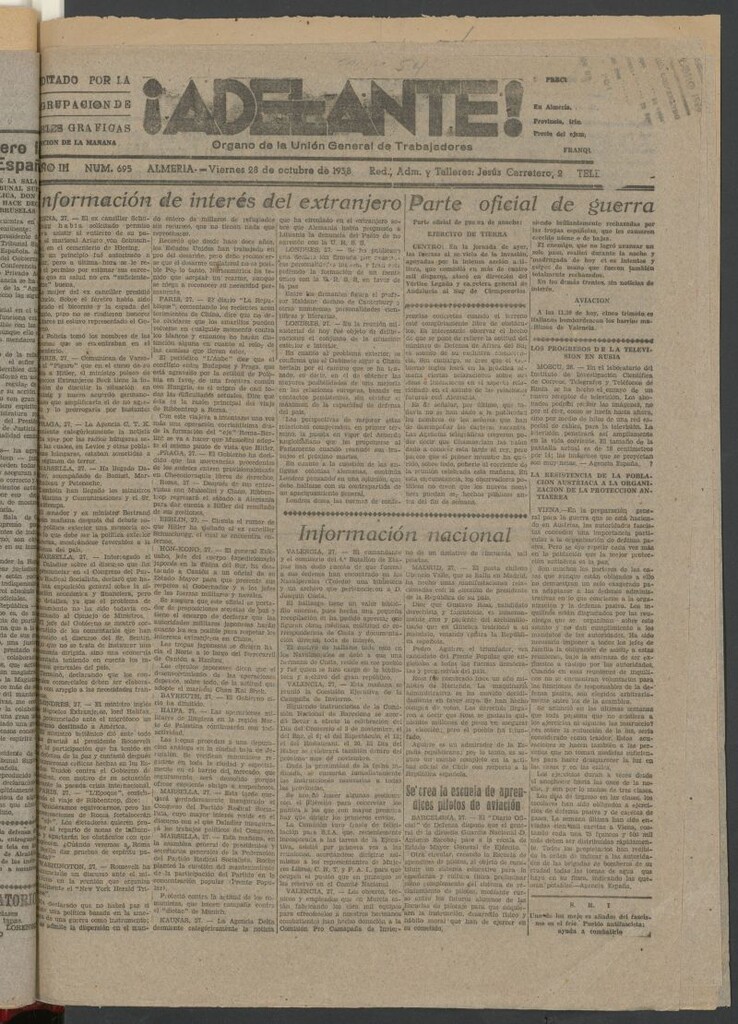 Miniatura de Adelante : órgano de la Unión General de Trabajadores del 28 de octubre de 1938