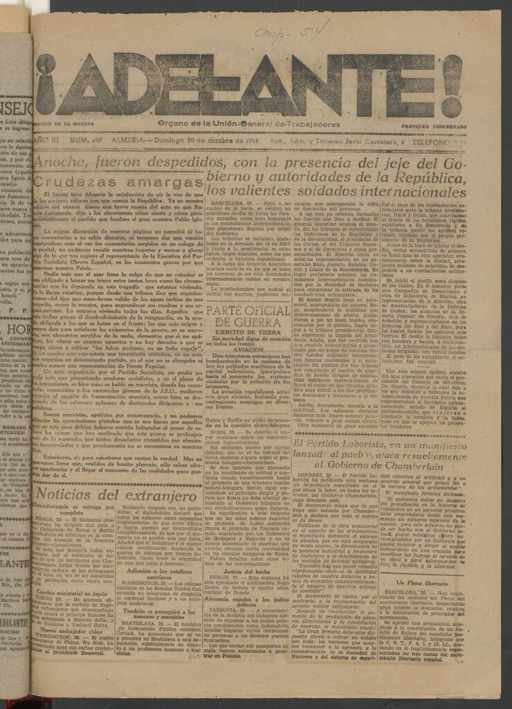 Miniatura de Adelante : órgano de la Unión General de Trabajadores del 30 de octubre de 1938