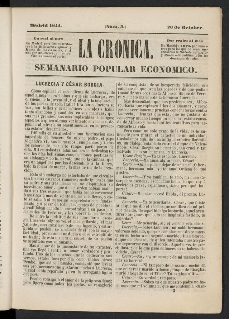 Miniatura de La Crónica: semanario popular económico del 20 de octubre de 1844, nº 3
