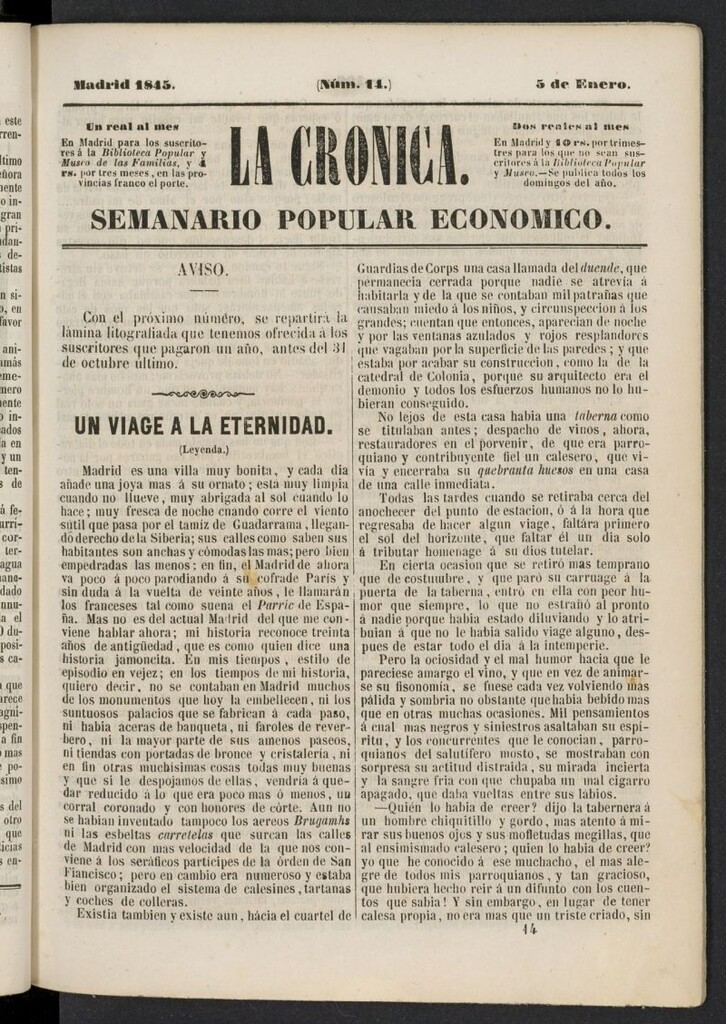 Miniatura de La Crónica: semanario popular económico del 5 de enero de 1845, nº 14