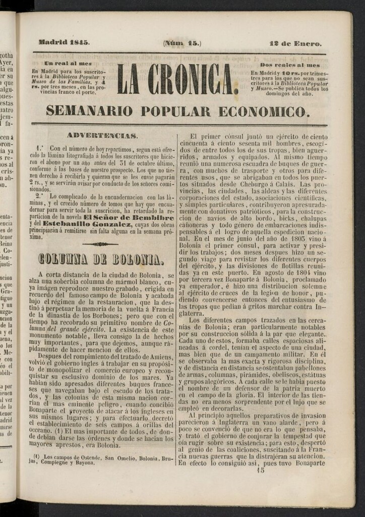 Miniatura de La Crónica: semanario popular económico del 12 de enero de 1845, nº 15
