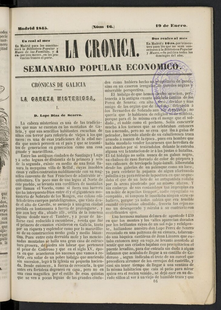 Miniatura de La Crónica: semanario popular económico del 19 de enero de 1845, nº 16