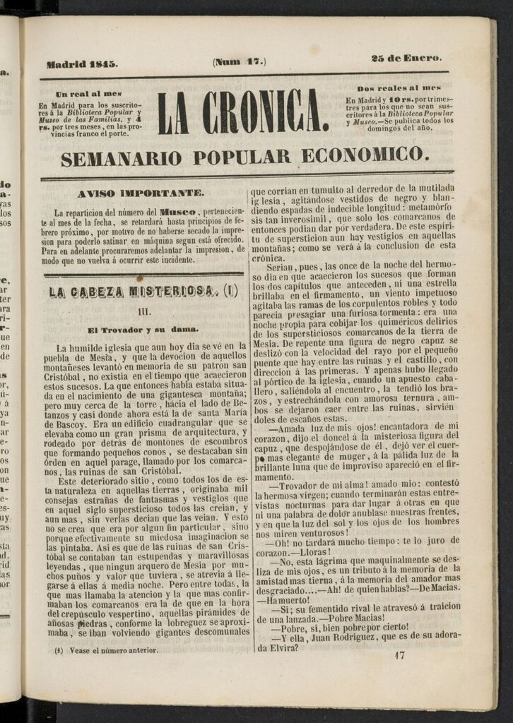 Miniatura de La Crónica: semanario popular económico del 25 de enero de 1845, nº 17