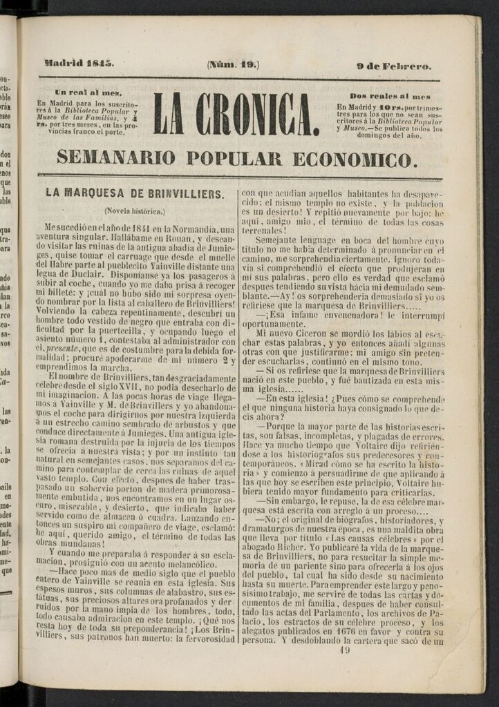 Miniatura de La Crónica: semanario popular económico del 9 de febrero de 1845, nº 19