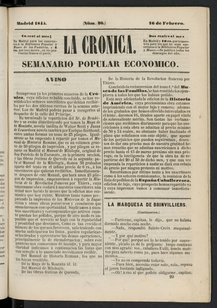 Miniatura de La Crónica: semanario popular económico del 16 de febrero de 1845, nº 20