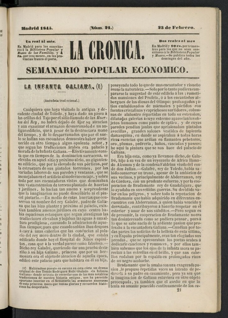 Miniatura de La Crónica: semanario popular económico del 23 de febrero de 1845, nº 21