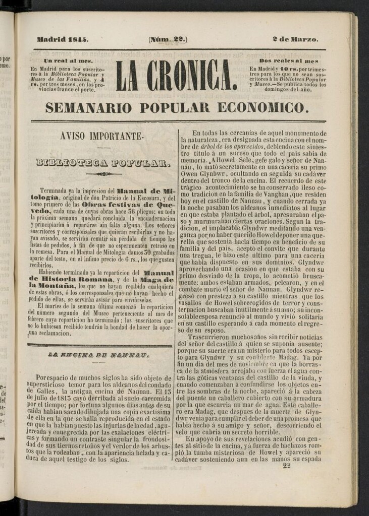 Miniatura de La Crónica: semanario popular económico del 2 de marzo de 1845, nº 22
