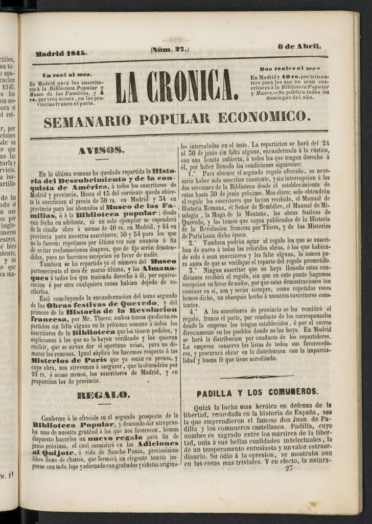 Miniatura de La Crónica: semanario popular económico del 6 de abril de 1845, nº 27