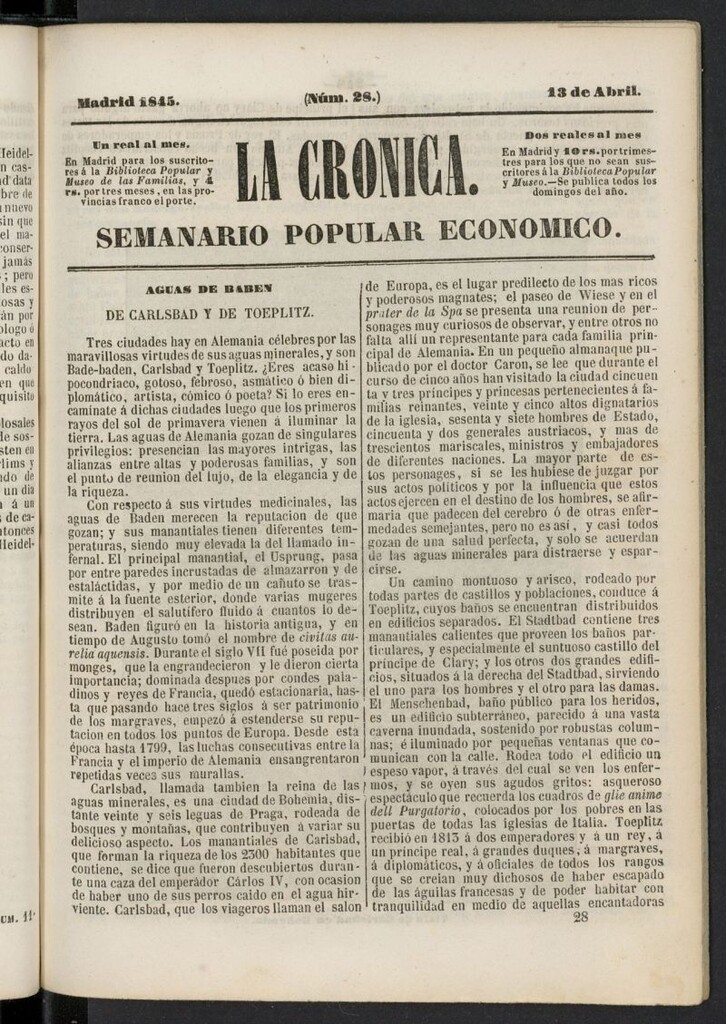 Miniatura de La Crónica: semanario popular económico del 13 de abril de 1845, nº 28