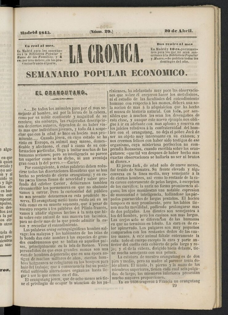 Miniatura de La Crónica: semanario popular económico del 20 de abril de 1845, nº 29