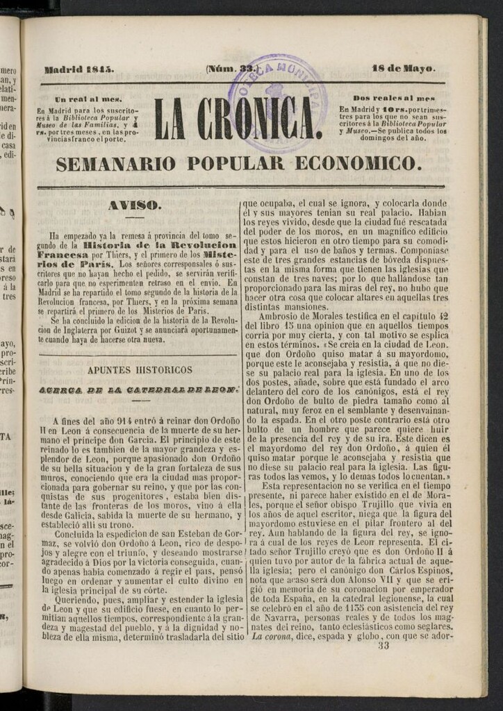 Miniatura de La Crónica: semanario popular económico del 18 de mayo de 1845, nº 33