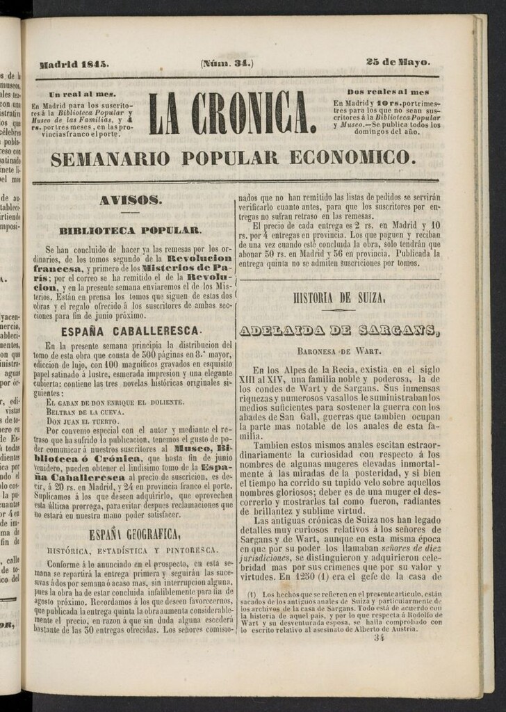 Miniatura de La Crónica: semanario popular económico del 25 de mayo de 1845, nº 34