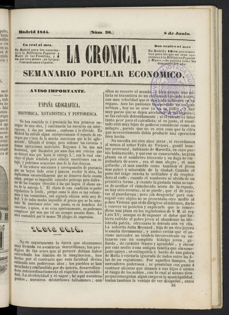 Miniatura de La Crónica: semanario popular económico del 8 de junio de 1845, nº 36