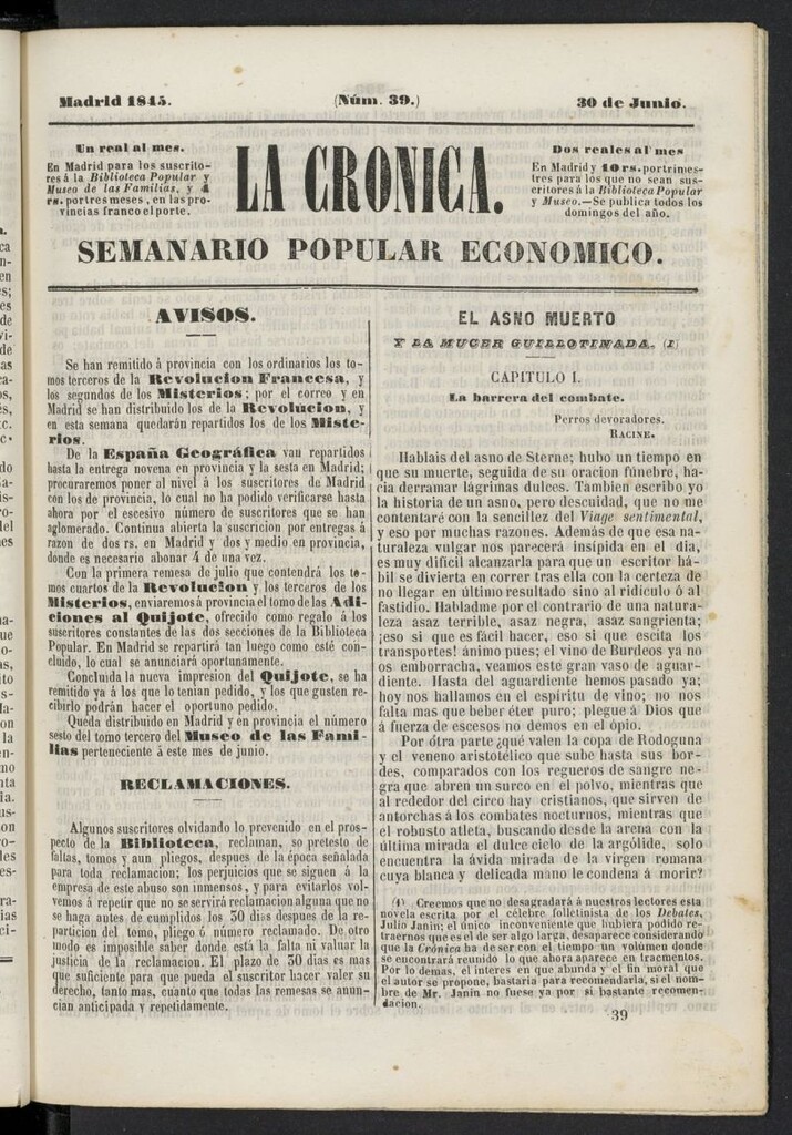 Miniatura de La Crónica: semanario popular económico del 30 de junio de 1845, nº 39