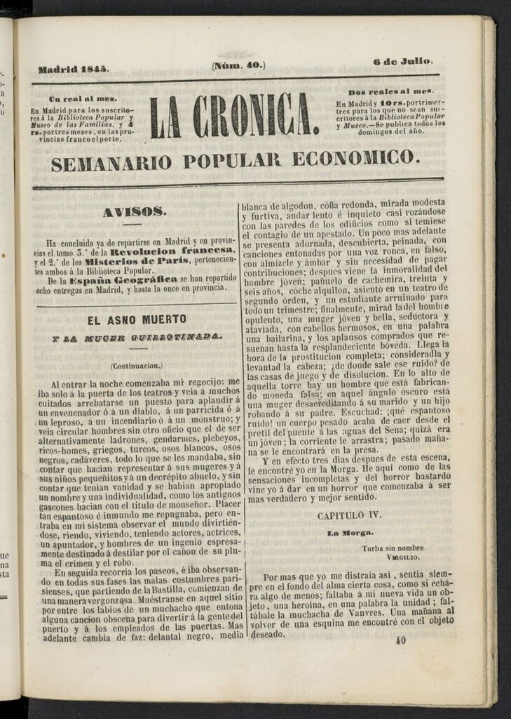 Miniatura de La Crónica: semanario popular económico del 6 de julio de 1845, nº 40