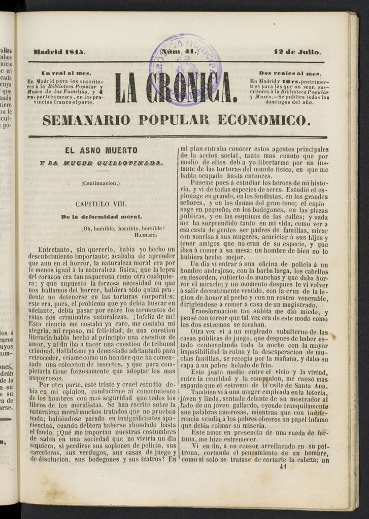 Miniatura de La Crónica: semanario popular económico del 12 de julio de 1845, nº 41