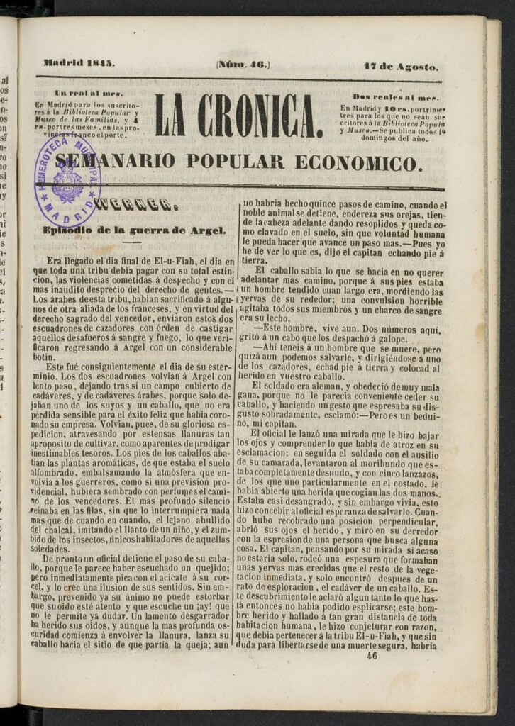 Miniatura de La Crónica: semanario popular económico del 17 de agosto de 1845, nº 46